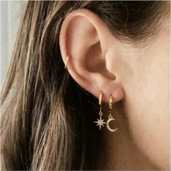 Gold Dainty Moon Star Earrings - Picture 2 of 2
